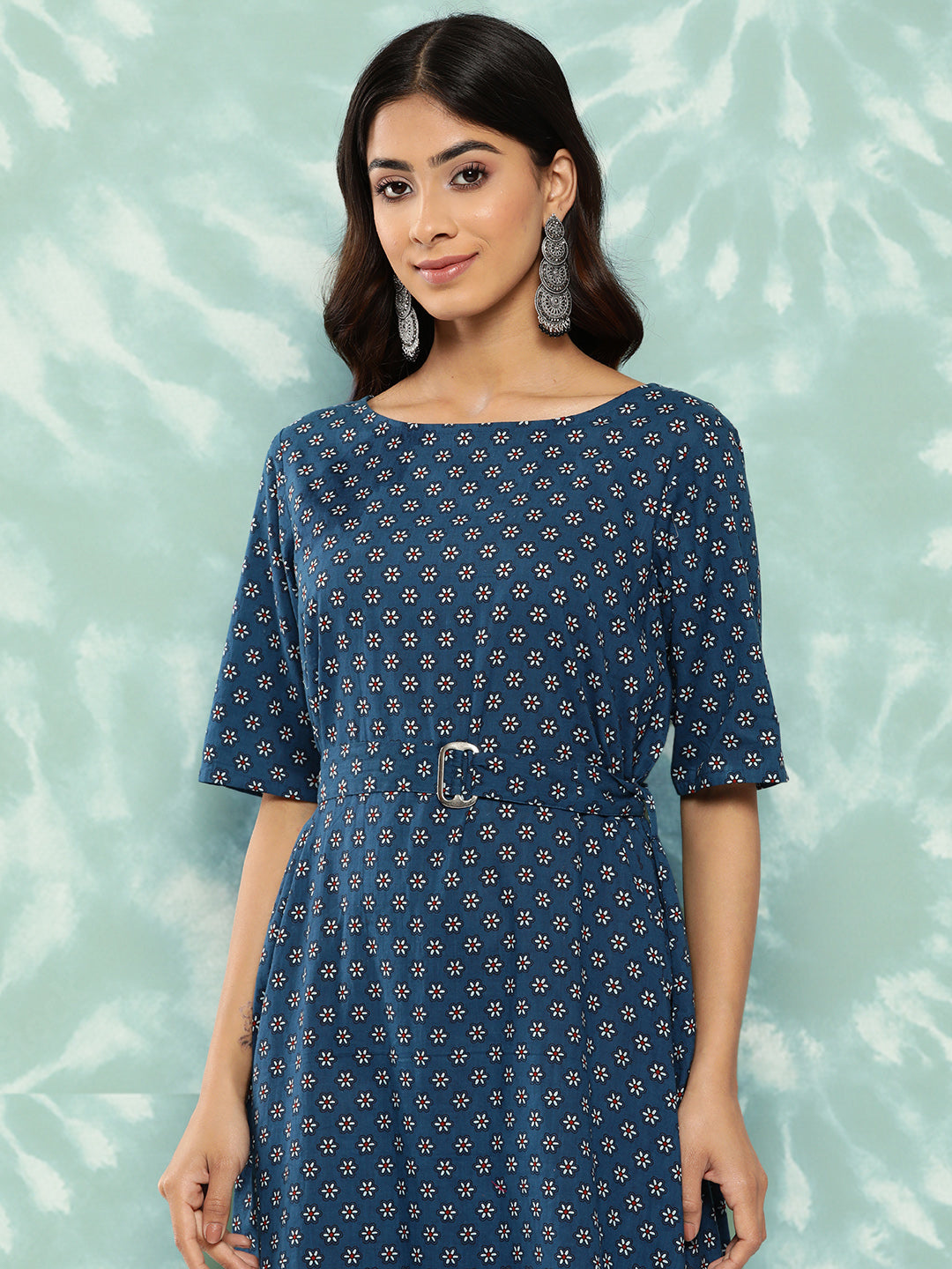 Janasya Women's Navy Blue Cotton Floral Printed A Line Casual Dress | Swadesiicart