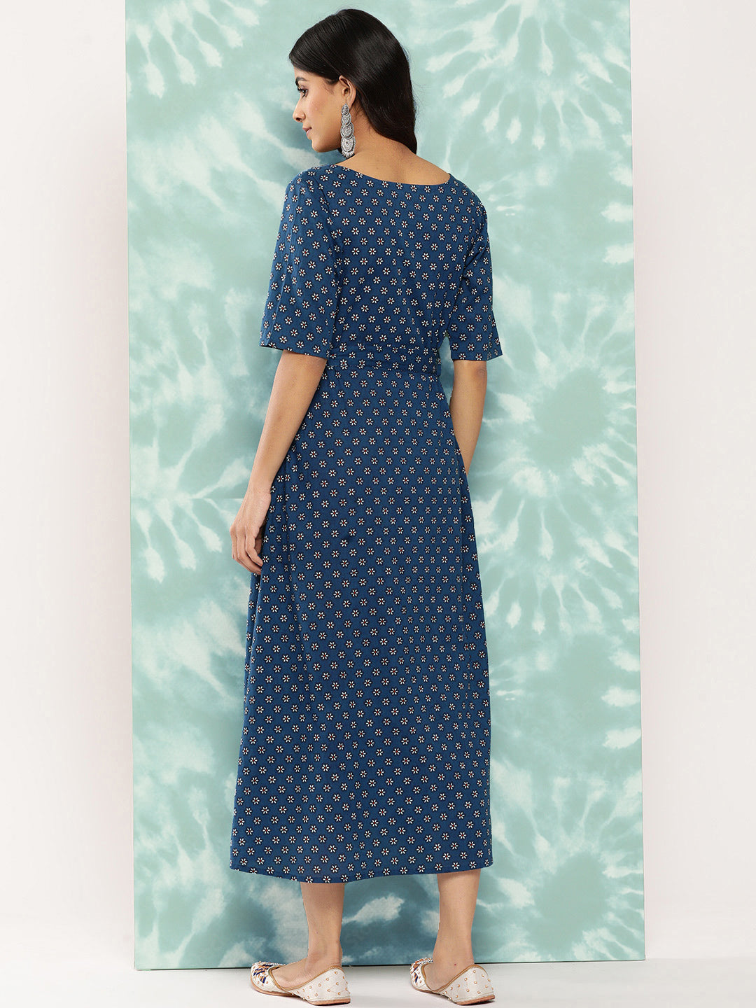 Janasya Women's Navy Blue Cotton Floral Printed A Line Casual Dress | Swadesiicart