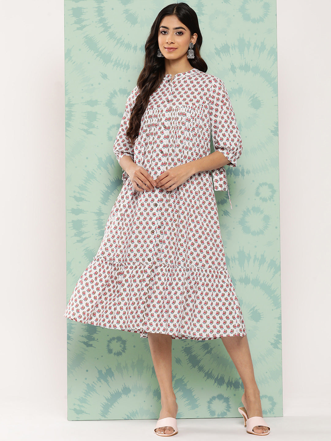 Janasya Women's White Cotton Floral Printed Gathered Casual Dress | Swadesiicart