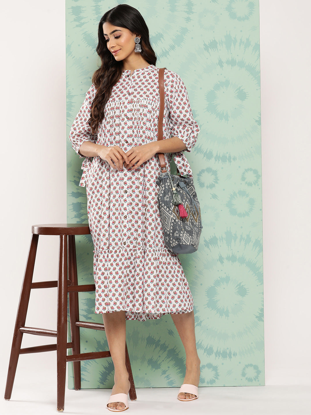 Janasya Women's White Cotton Floral Printed Gathered Casual Dress | Swadesiicart