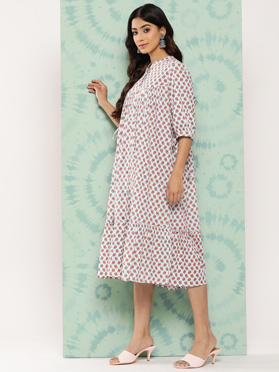 Janasya Women's White Cotton Floral Printed Gathered Casual Dress | Swadesiicart