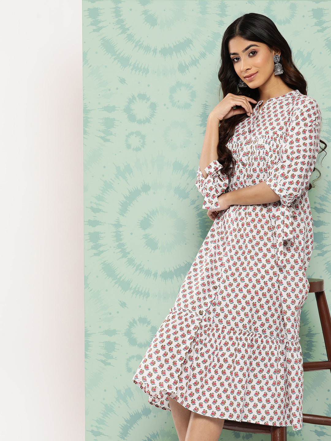 Janasya Women's White Cotton Floral Printed Gathered Casual Dress | Swadesiicart