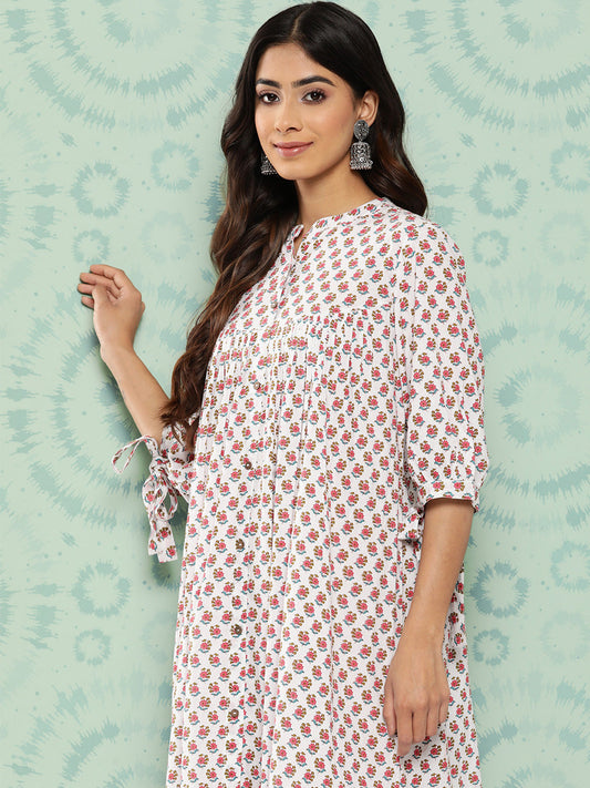 Janasya Women's White Cotton Floral Printed Gathered Casual Dress | Swadesiicart