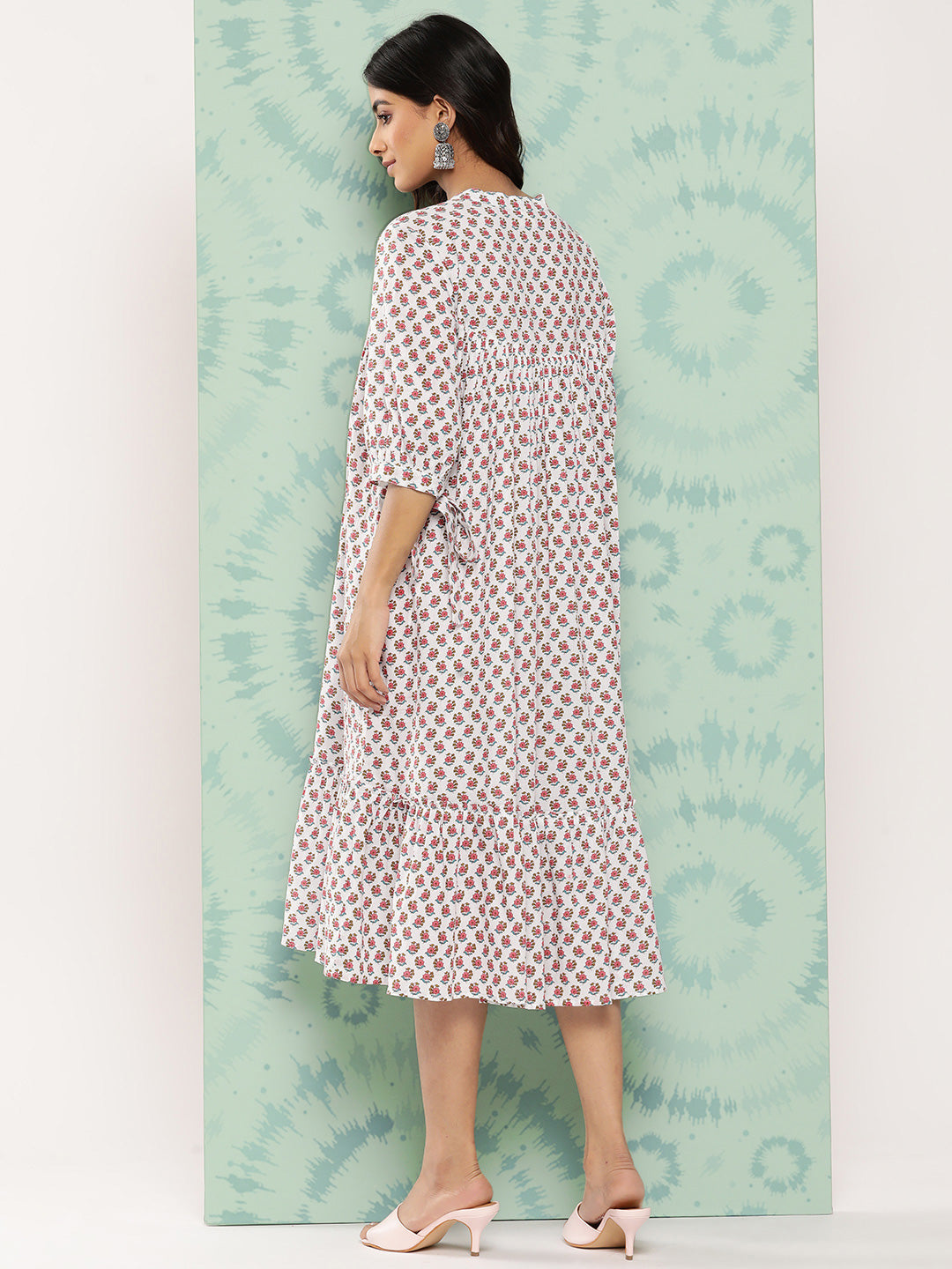 Janasya Women's White Cotton Floral Printed Gathered Casual Dress | Swadesiicart