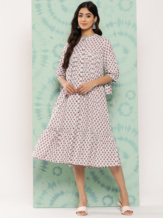 Janasya Women's White Cotton Floral Printed Gathered Casual Dress | Swadesiicart