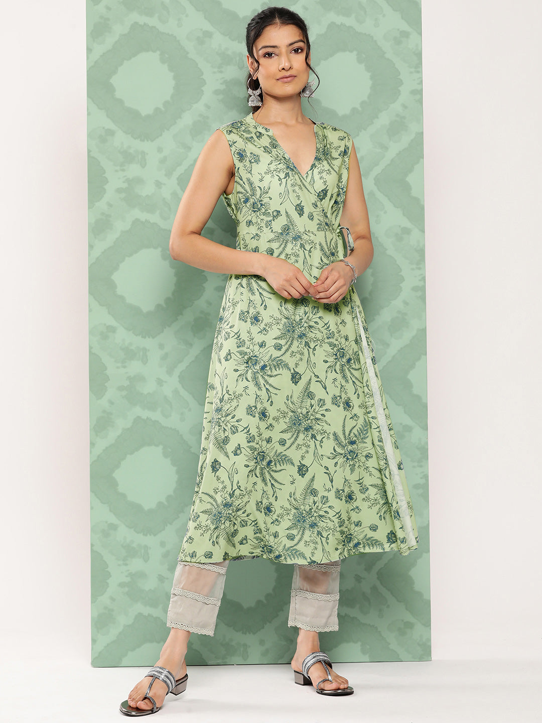 Janasya Women's Light Green Crepe Digital Printed Casual Angrakha Kurta | Swadesiicart