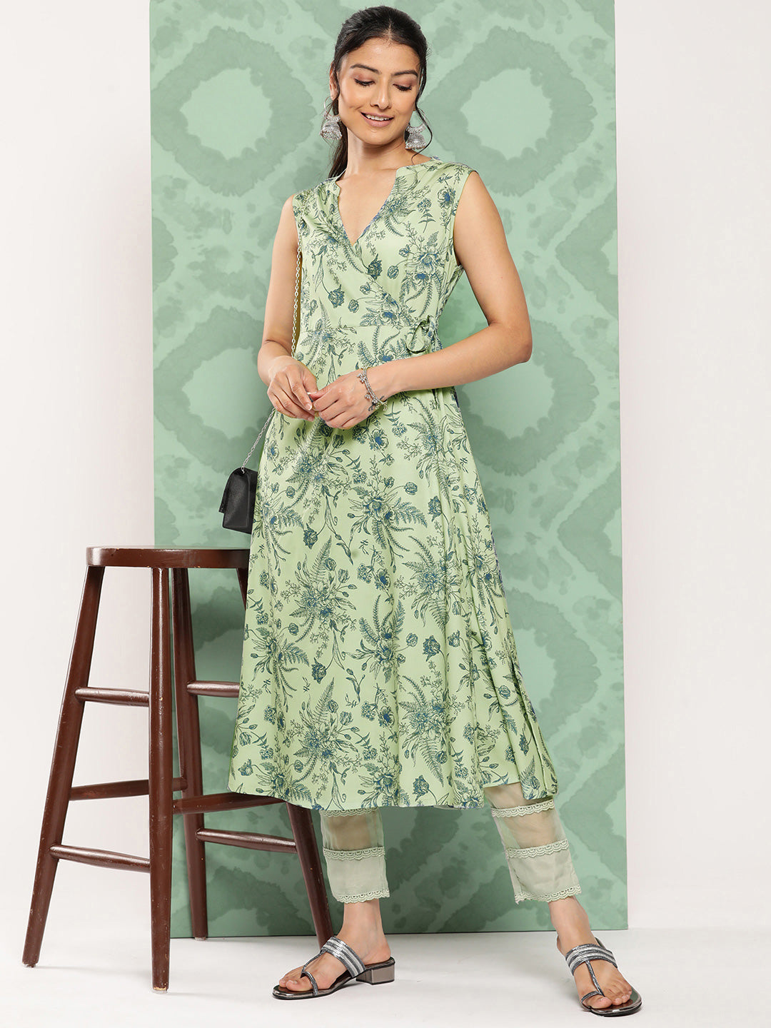 Janasya Women's Light Green Crepe Digital Printed Casual Angrakha Kurta | Swadesiicart