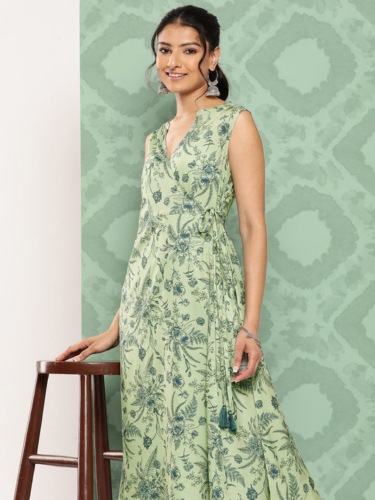 Janasya Women's Light Green Crepe Digital Printed Casual Angrakha Kurta | Swadesiicart