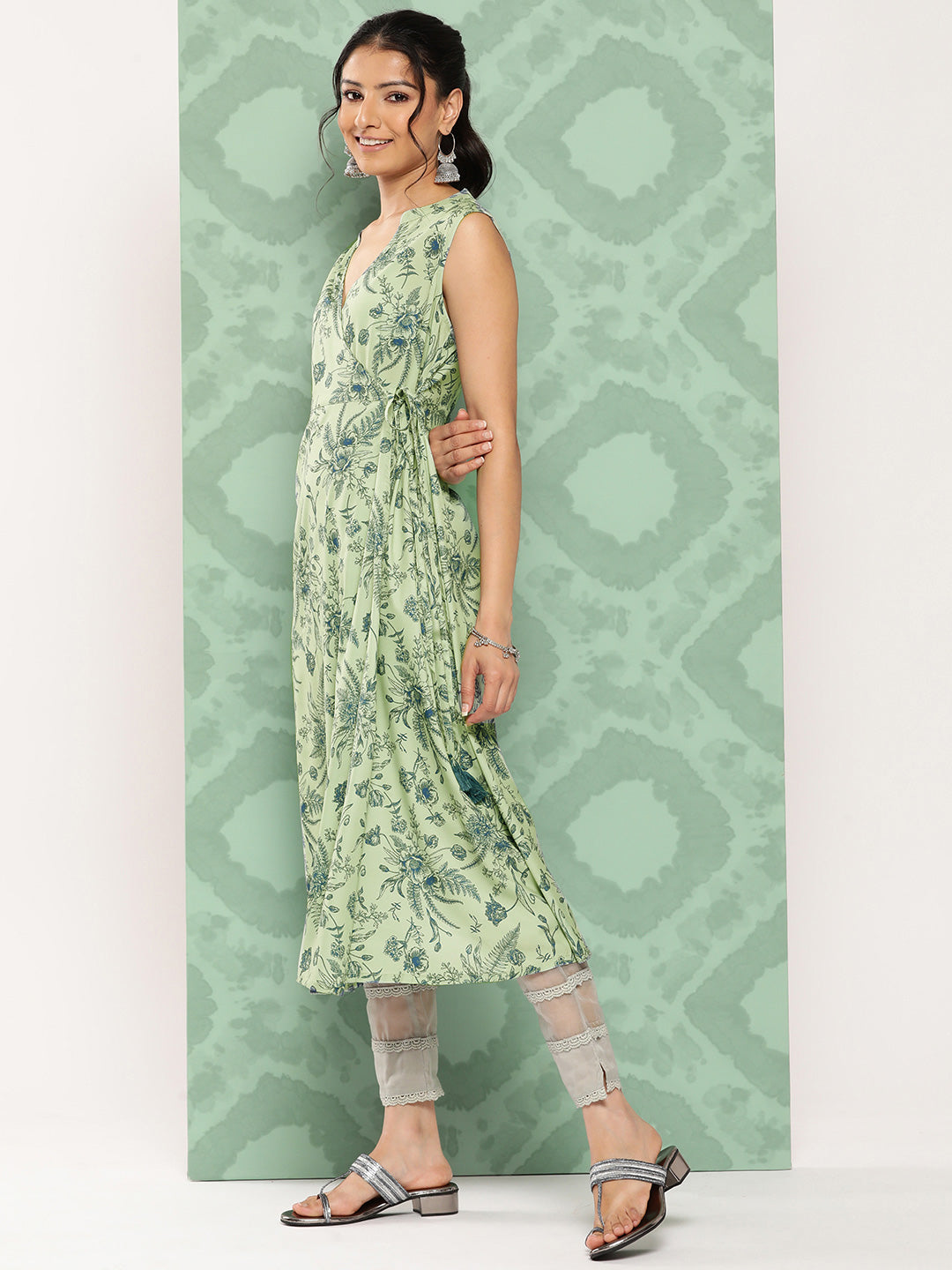 Janasya Women's Light Green Crepe Digital Printed Casual Angrakha Kurta | Swadesiicart