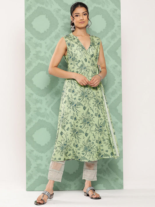 Janasya Women's Light Green Crepe Digital Printed Casual Angrakha Kurta | Swadesiicart