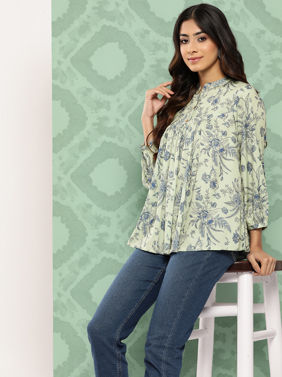 Janasya Women's Light Green Crepe Digital Print Casual Empire Top | Swadesiicart