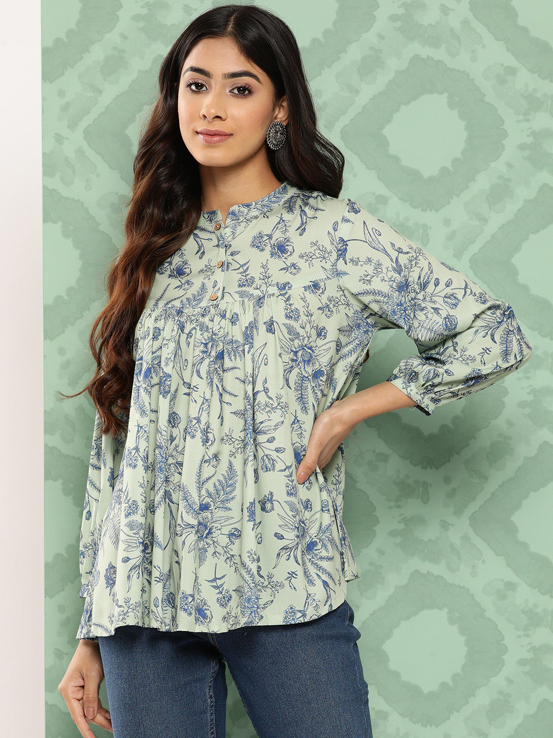 Janasya Women's Light Green Crepe Digital Print Casual Empire Top | Swadesiicart