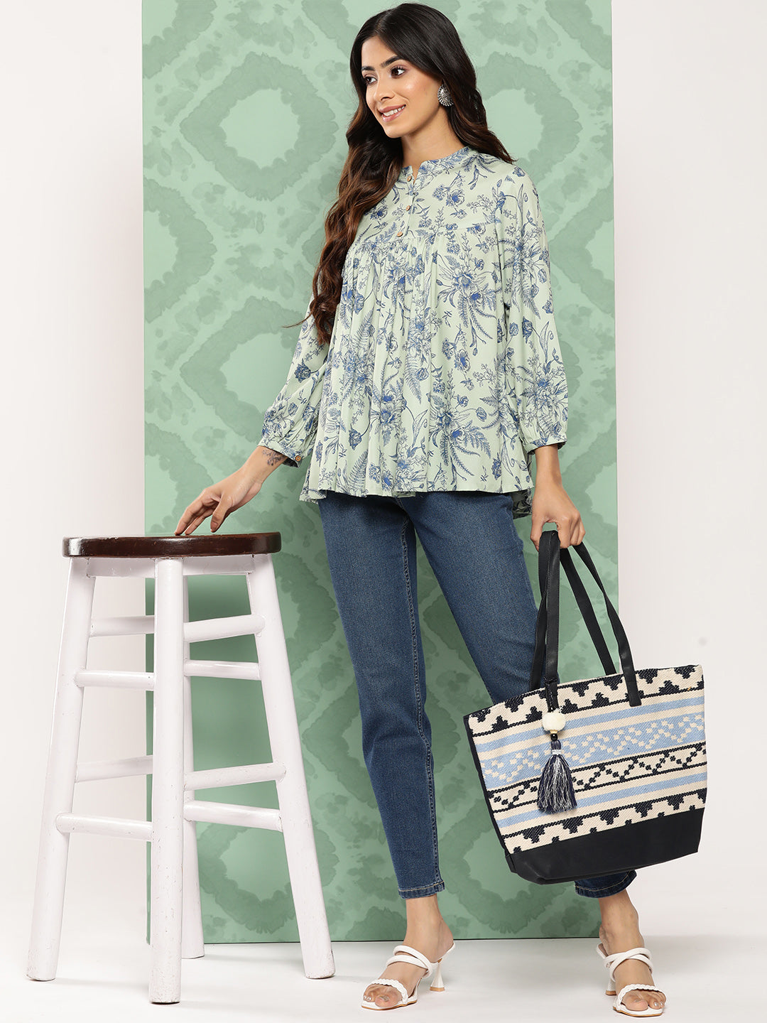 Janasya Women's Light Green Crepe Digital Print Casual Empire Top | Swadesiicart