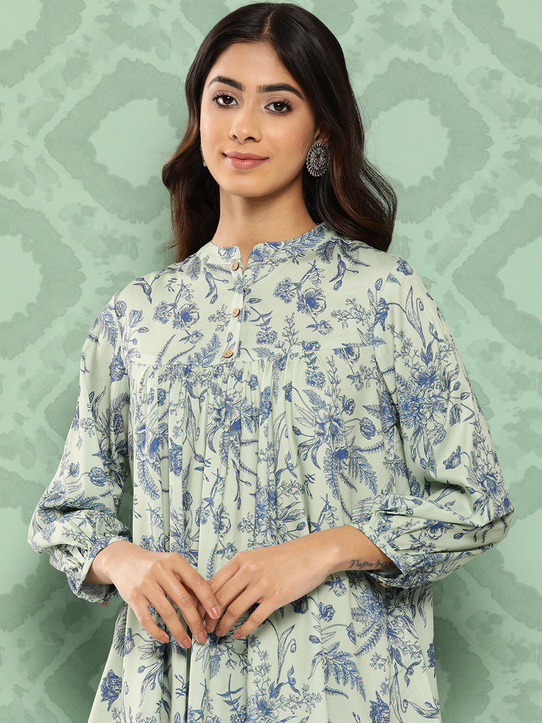 Janasya Women's Light Green Crepe Digital Print Casual Empire Top | Swadesiicart