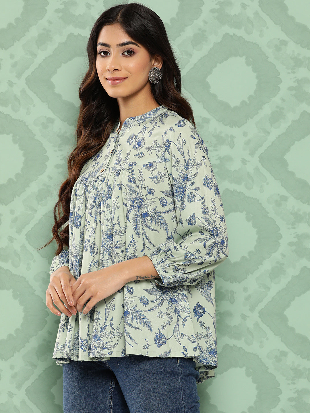 Janasya Women's Light Green Crepe Digital Print Casual Empire Top | Swadesiicart
