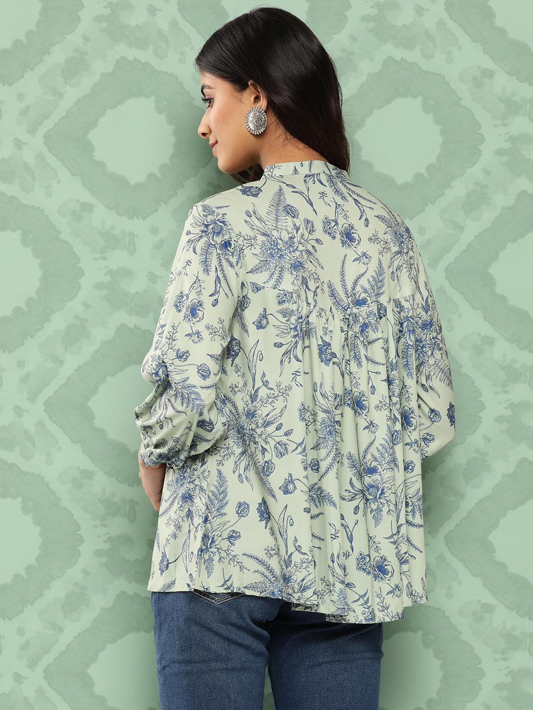 Janasya Women's Light Green Crepe Digital Print Casual Empire Top | Swadesiicart