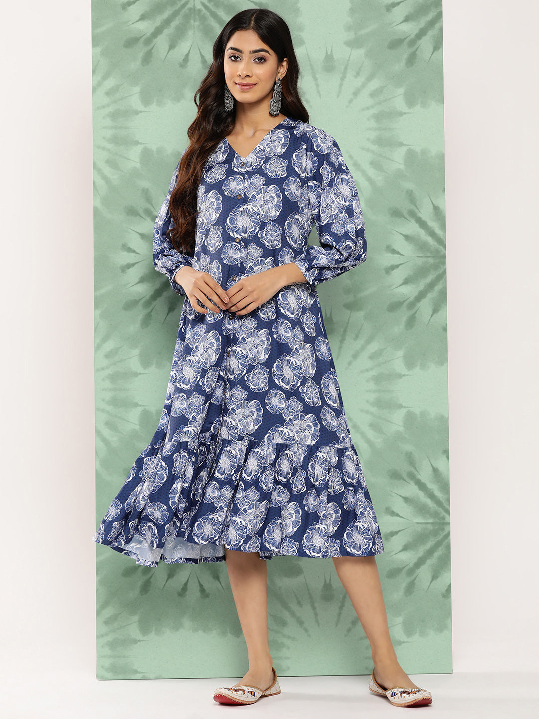Janasya Women's Blue Crepe Digital Floral Printed A-Line Casual Dress | Swadesiicart