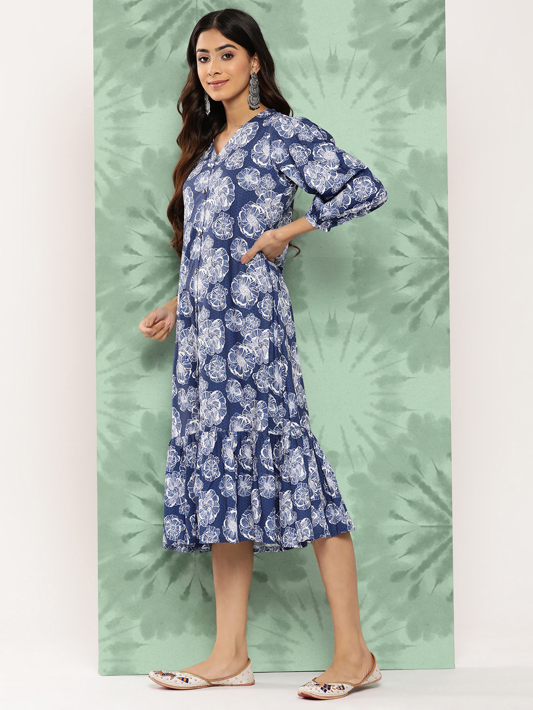 Janasya Women's Blue Crepe Digital Floral Printed A-Line Casual Dress | Swadesiicart