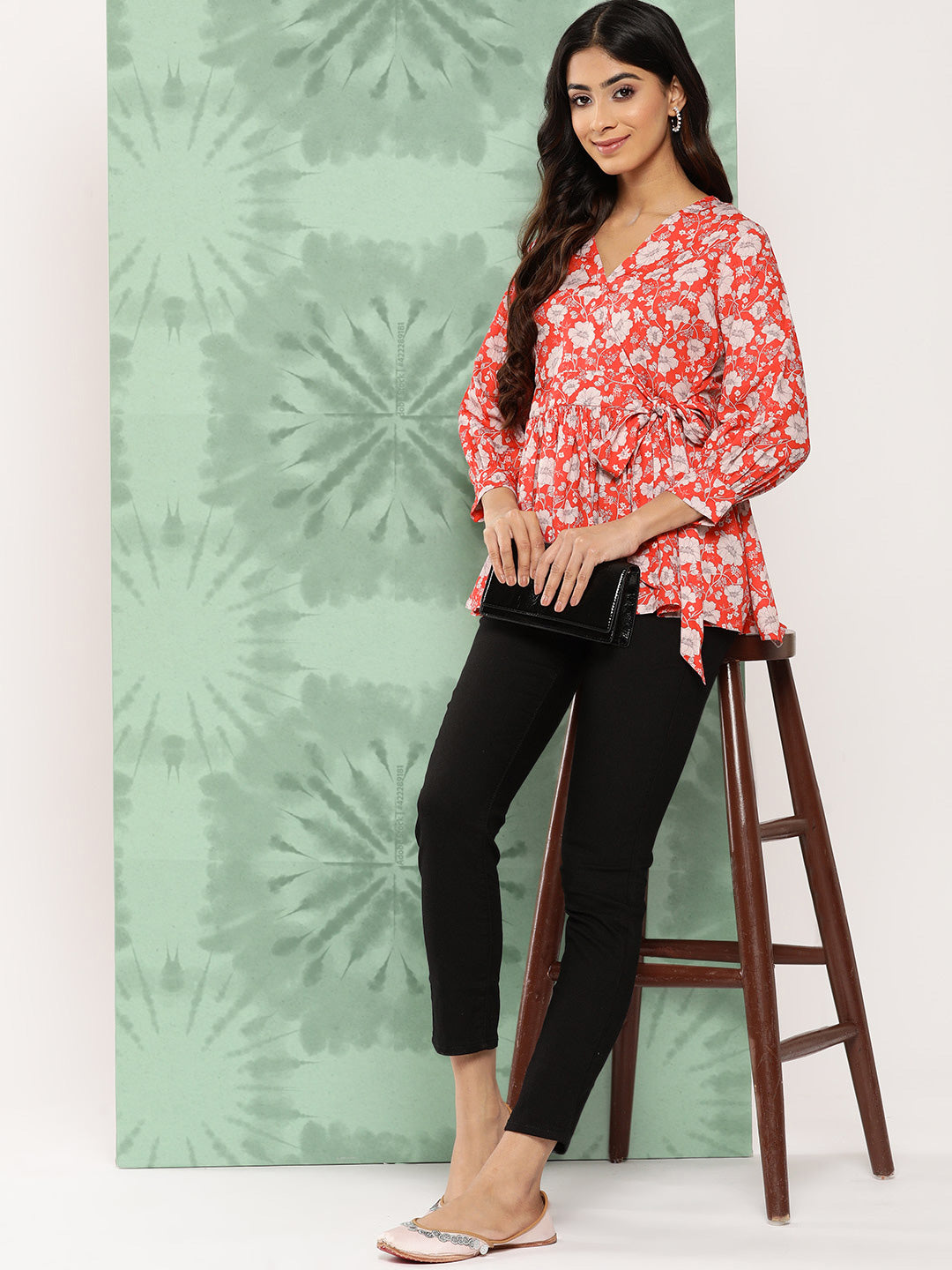 Janasya Women's Orange Crepe Digital Floral Print Casual Peplum Top | Swadesiicart