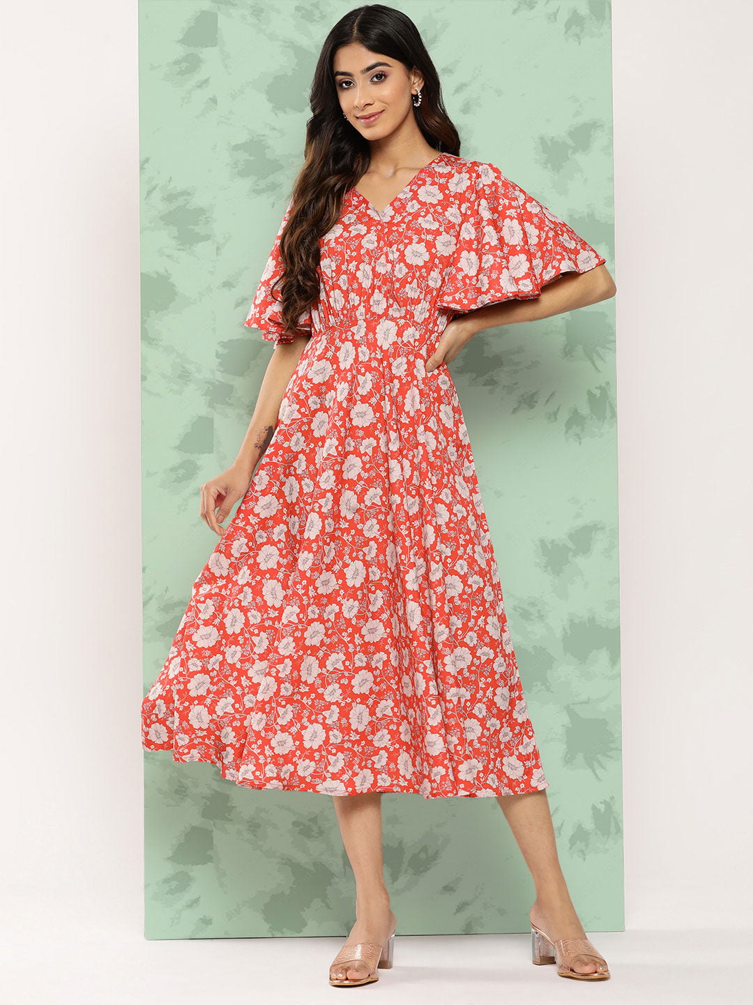 Janasya Women's Orange Crepe Digital Printed Flared Casual Dress | Swadesiicart