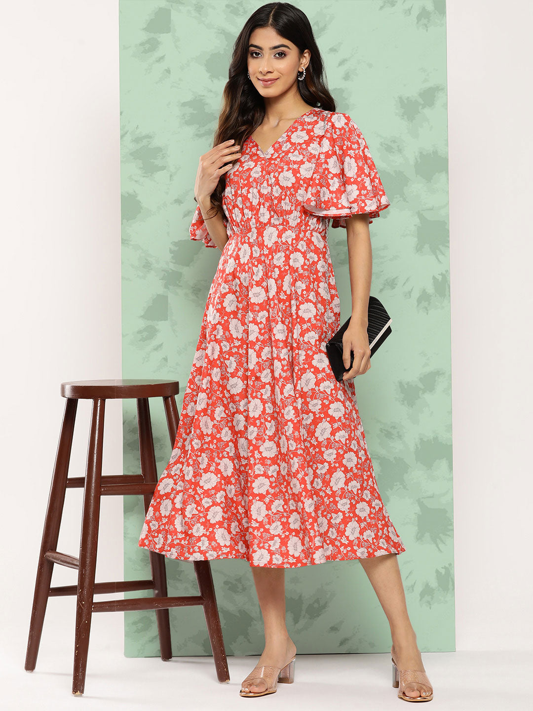 Janasya Women's Orange Crepe Digital Printed Flared Casual Dress | Swadesiicart