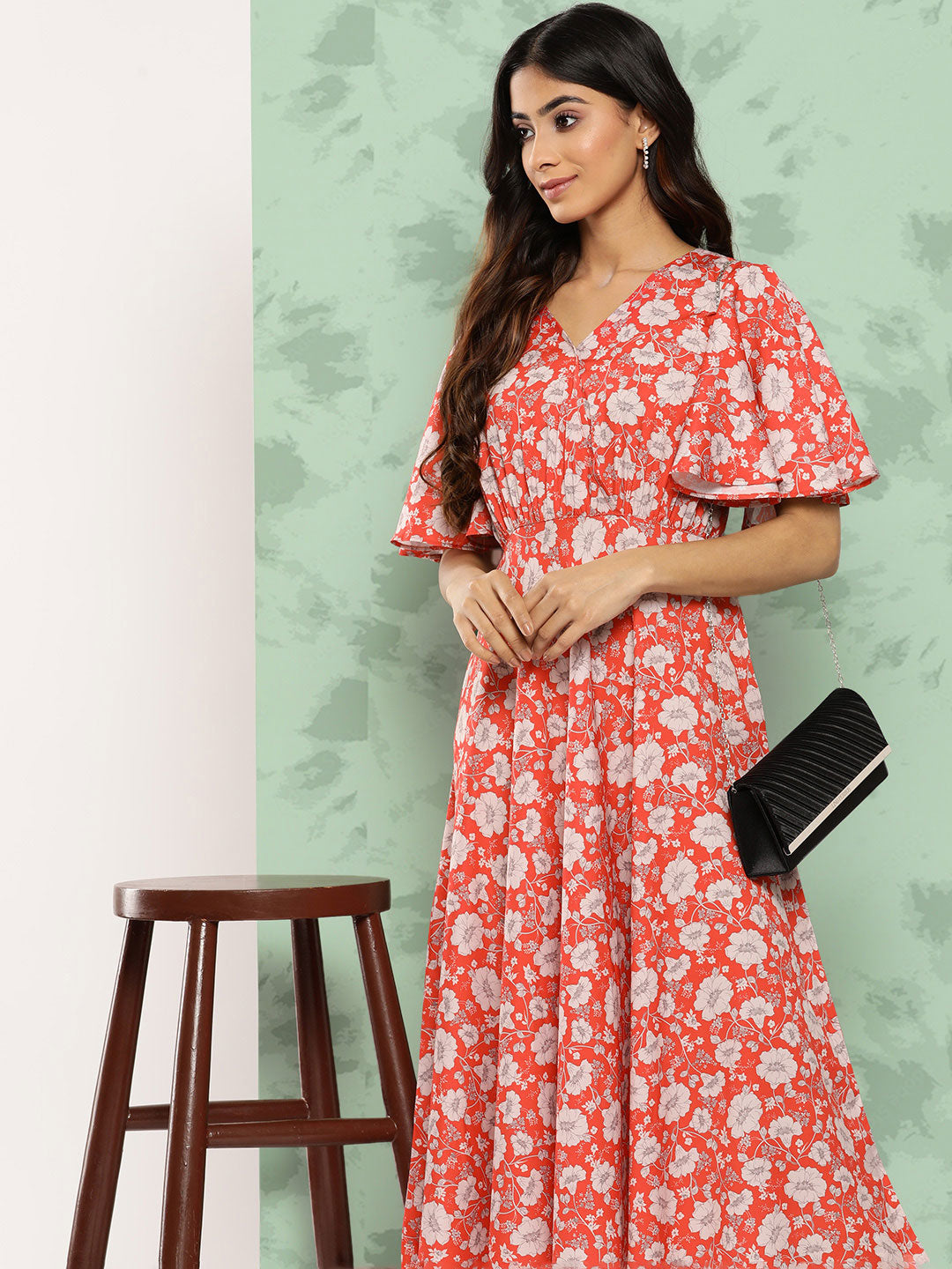 Janasya Women's Orange Crepe Digital Printed Flared Casual Dress | Swadesiicart