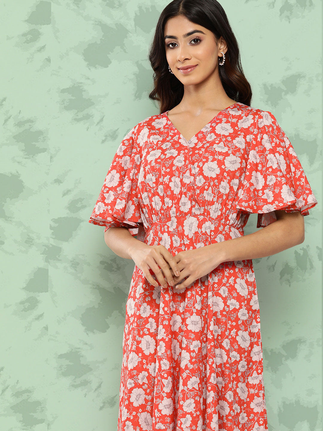 Janasya Women's Orange Crepe Digital Printed Flared Casual Dress | Swadesiicart
