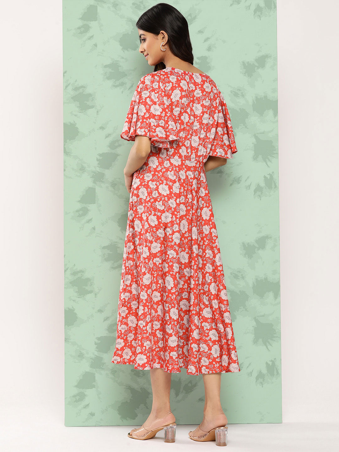 Janasya Women's Orange Crepe Digital Printed Flared Casual Dress | Swadesiicart