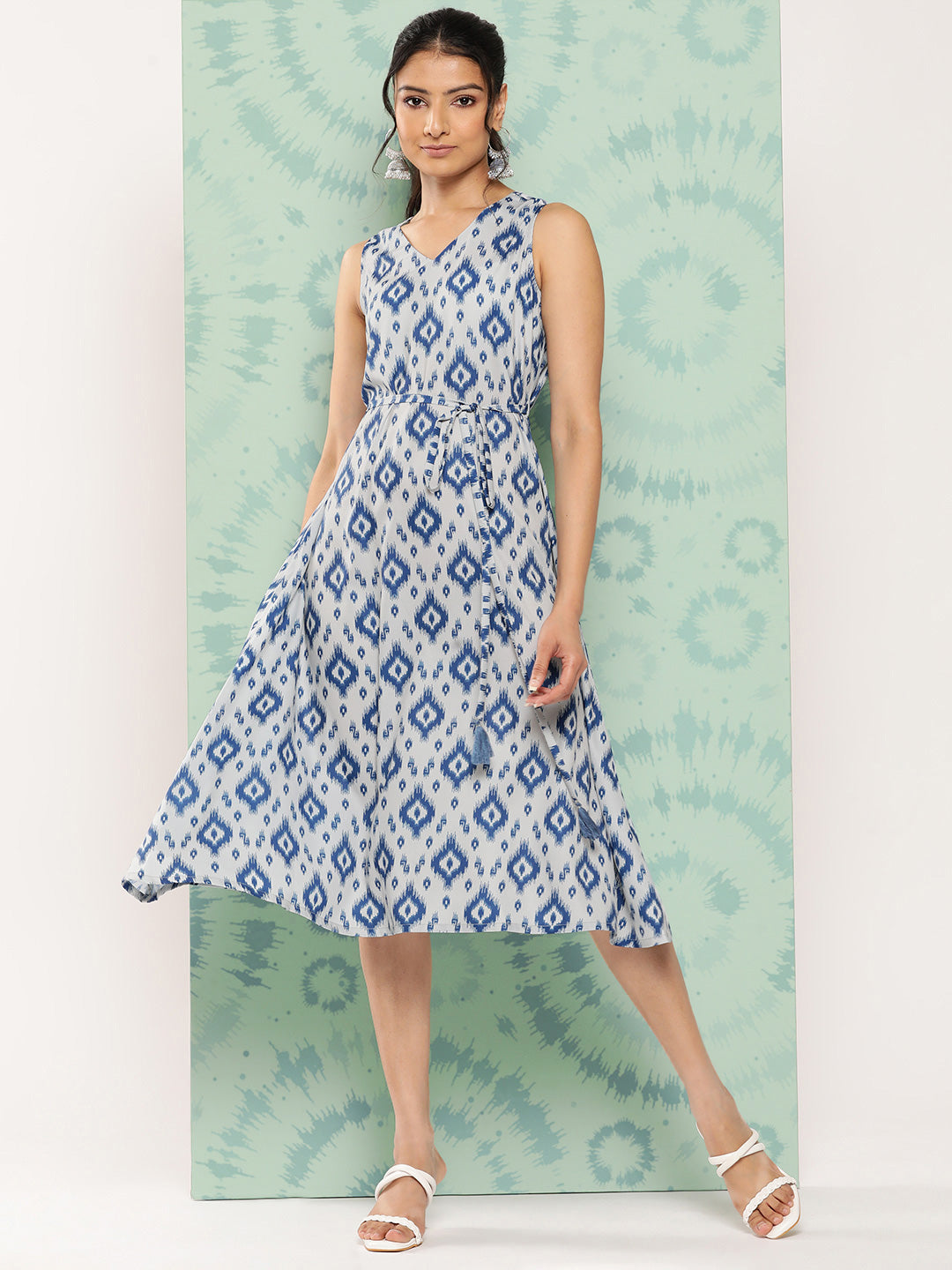 Janasya Women's Grey Crepe Ikat Printed A Line Casual Dress | Swadesiicart