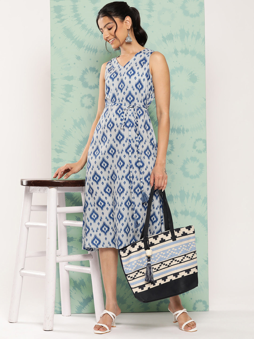 Janasya Women's Grey Crepe Ikat Printed A Line Casual Dress | Swadesiicart