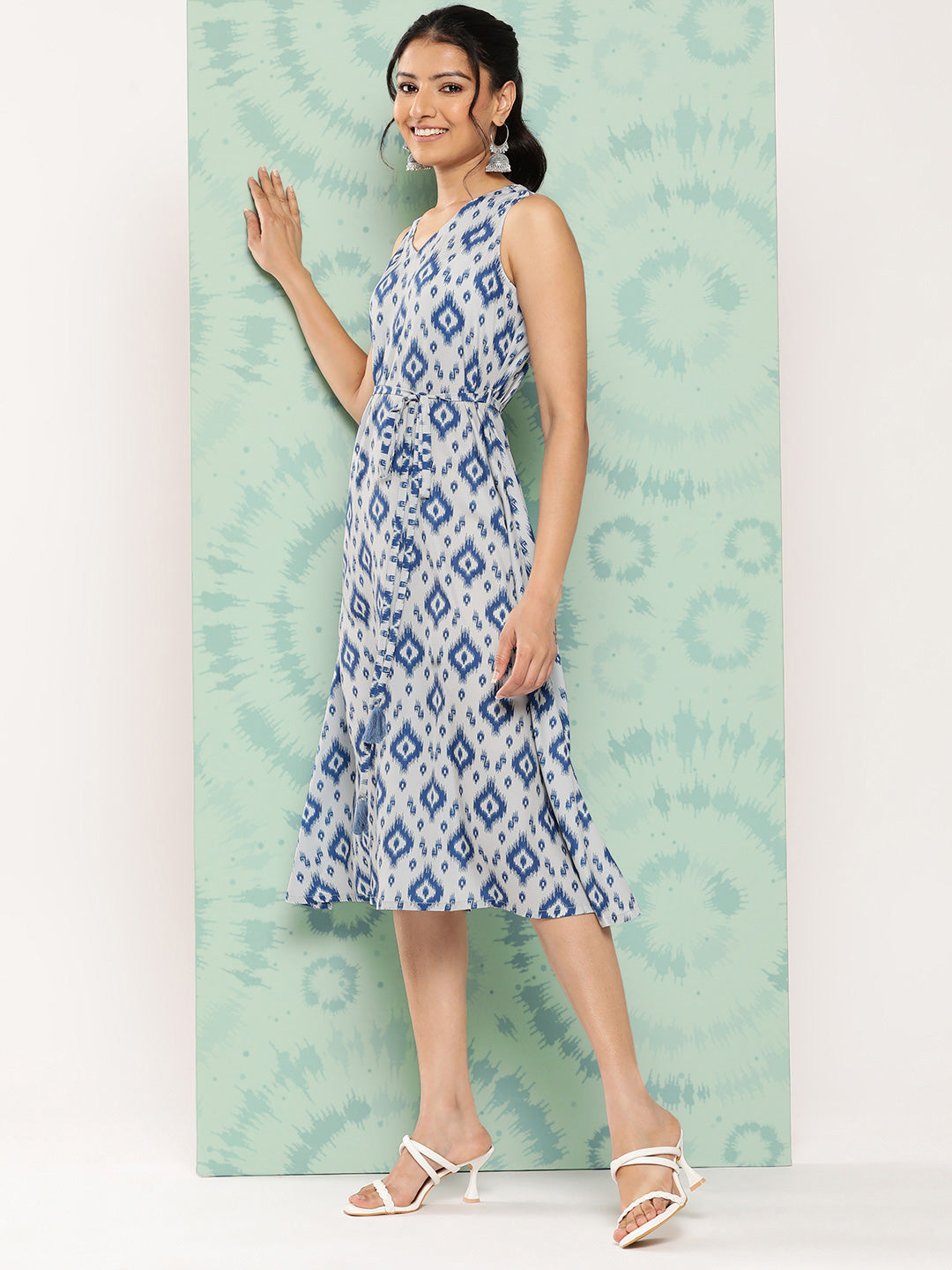 Janasya Women's Grey Crepe Ikat Printed A Line Casual Dress | Swadesiicart