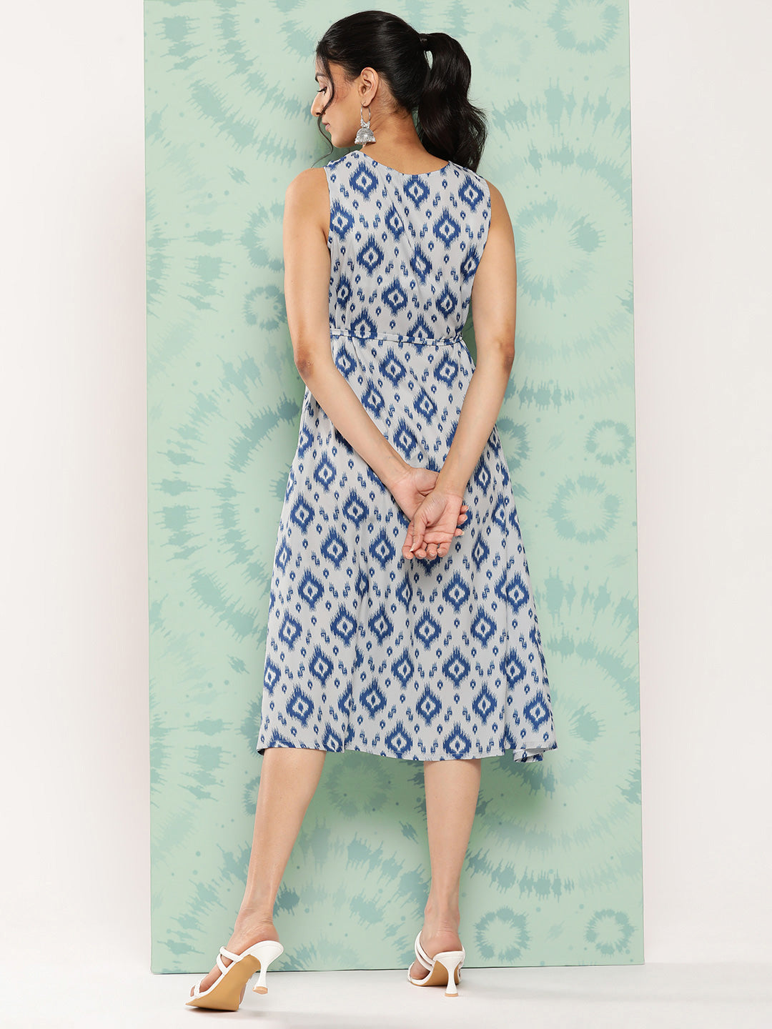 Janasya Women's Grey Crepe Ikat Printed A Line Casual Dress | Swadesiicart