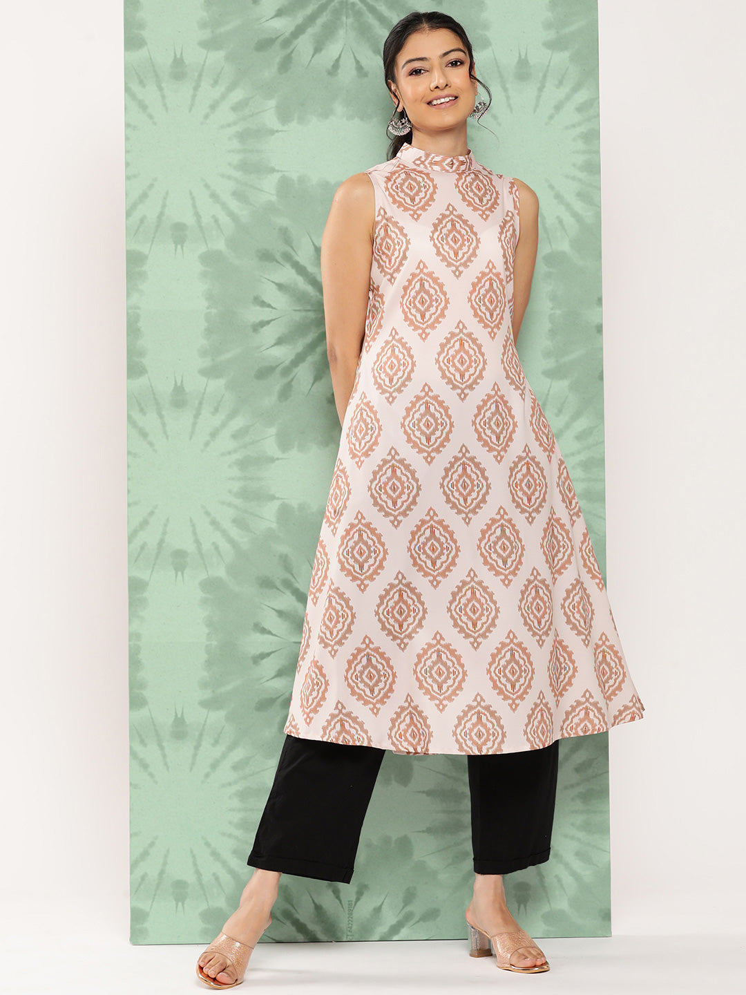 Janasya Women's Light Peach Crepe Digital Printed Casual A-Line Kurta | Swadesiicart