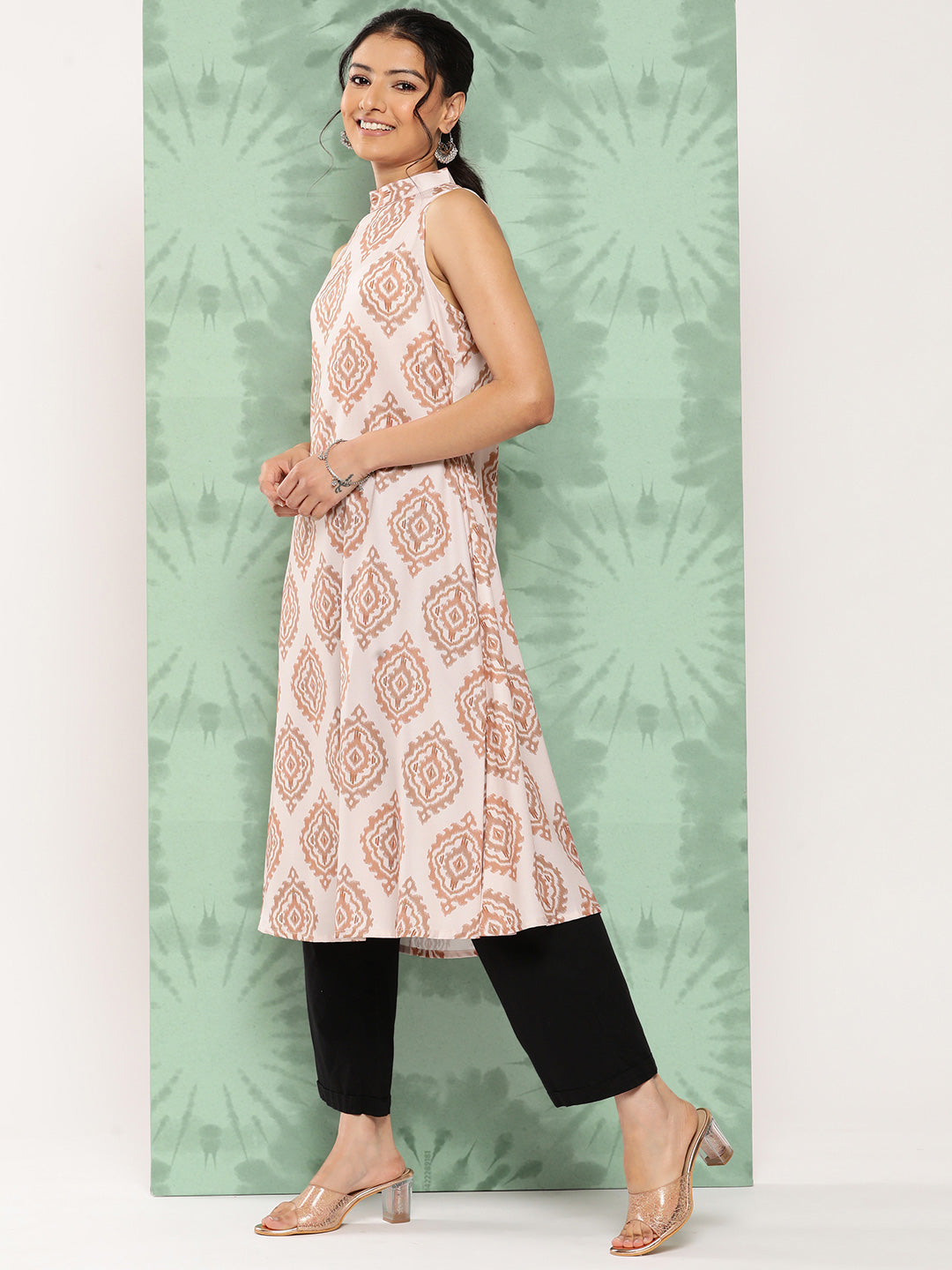 Janasya Women's Light Peach Crepe Digital Printed Casual A-Line Kurta | Swadesiicart