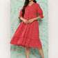 Janasya Women's Red Cotton Ethnic Motifs Printed Flared Casual Dress | Swadesiicart