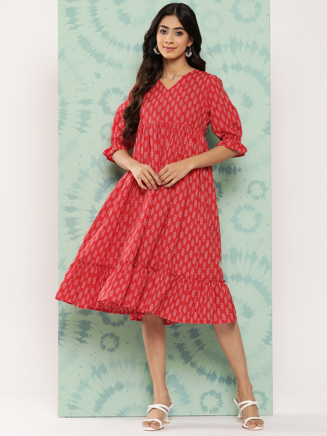 Janasya Women's Red Cotton Ethnic Motifs Printed Flared Casual Dress | Swadesiicart