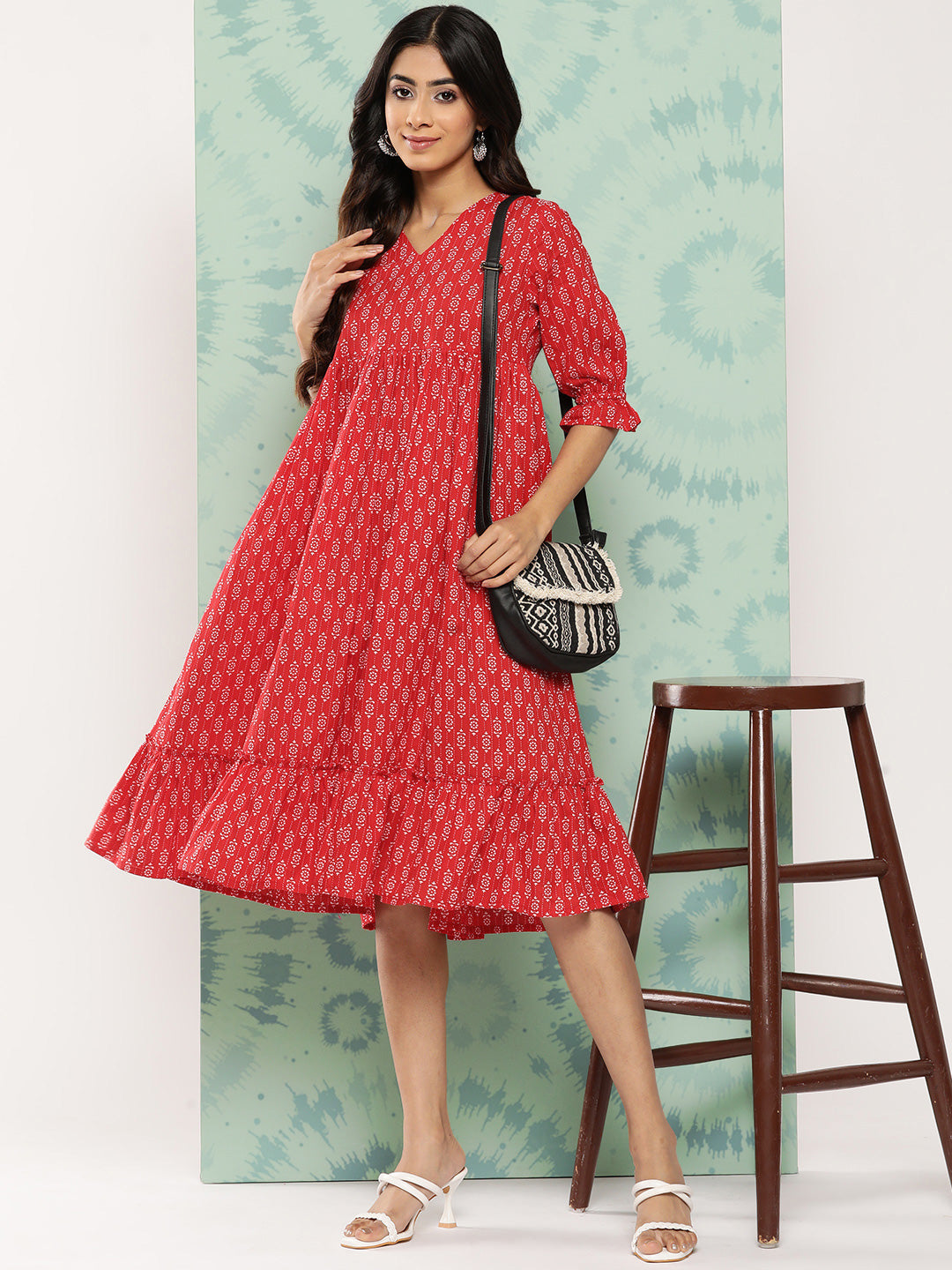 Janasya Women's Red Cotton Ethnic Motifs Printed Flared Casual Dress | Swadesiicart