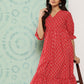 Janasya Women's Red Cotton Ethnic Motifs Printed Flared Casual Dress | Swadesiicart