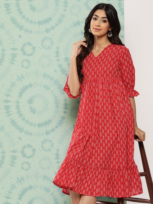 Janasya Women's Red Cotton Ethnic Motifs Printed Flared Casual Dress | Swadesiicart