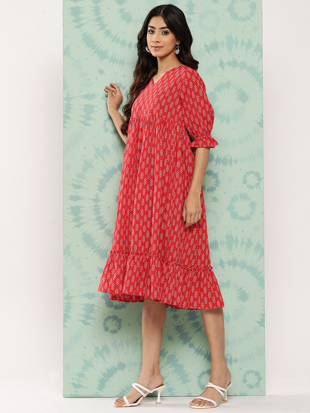 Janasya Women's Red Cotton Ethnic Motifs Printed Flared Casual Dress | Swadesiicart