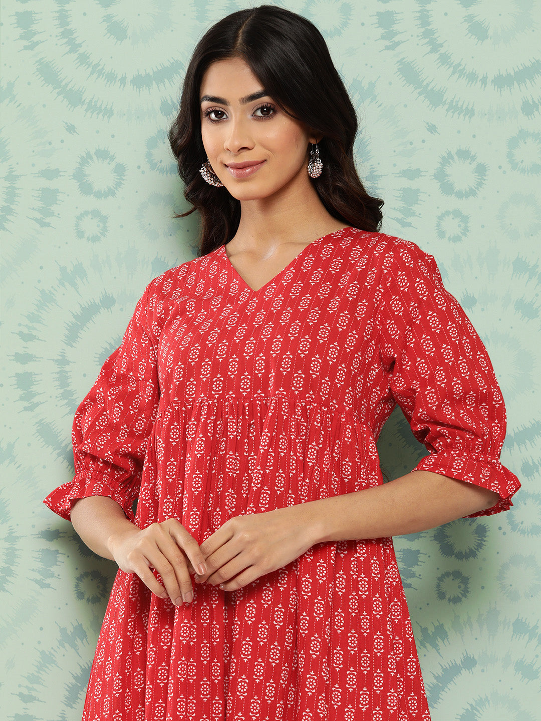 Janasya Women's Red Cotton Ethnic Motifs Printed Flared Casual Dress | Swadesiicart