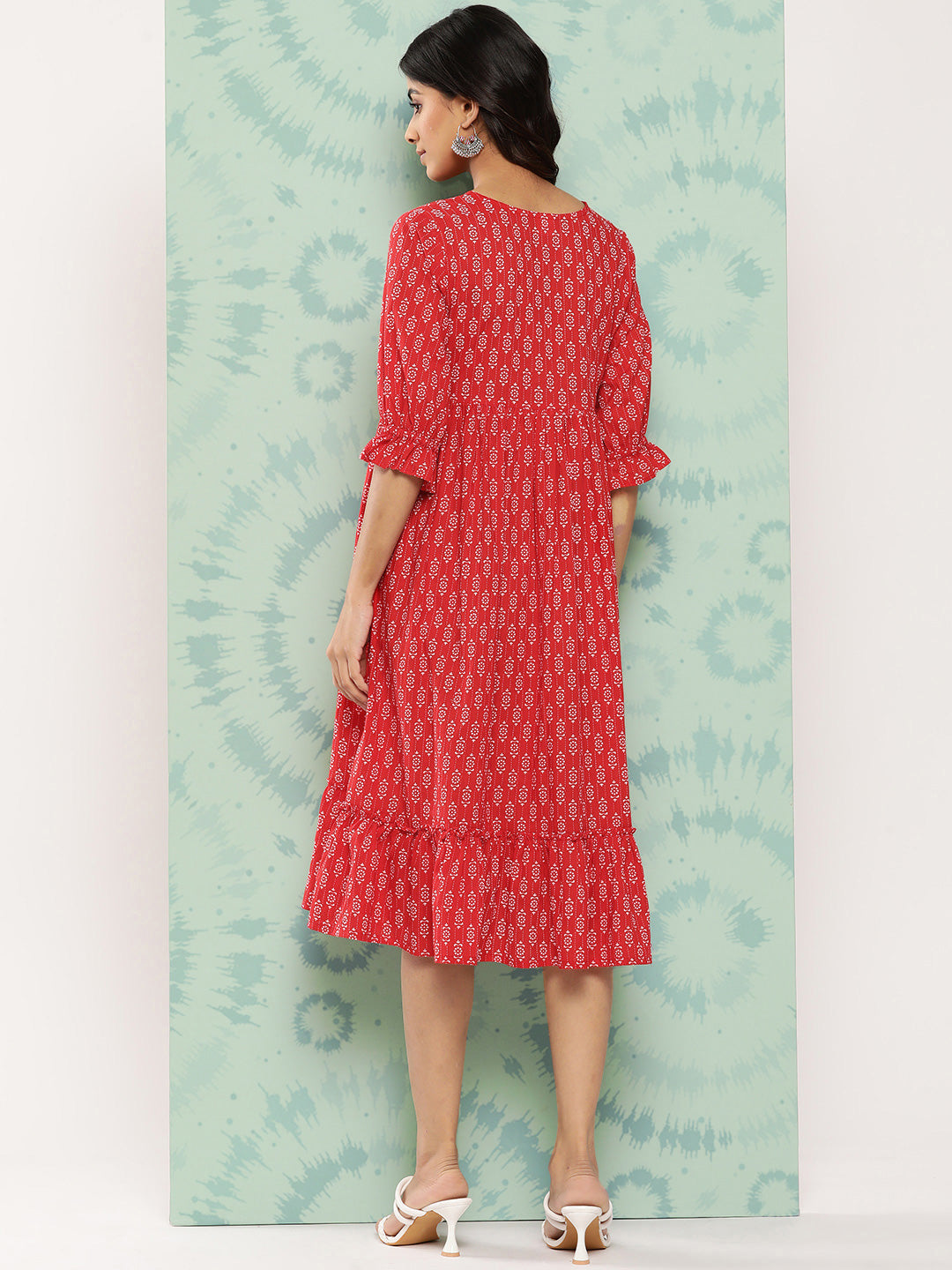 Janasya Women's Red Cotton Ethnic Motifs Printed Flared Casual Dress | Swadesiicart
