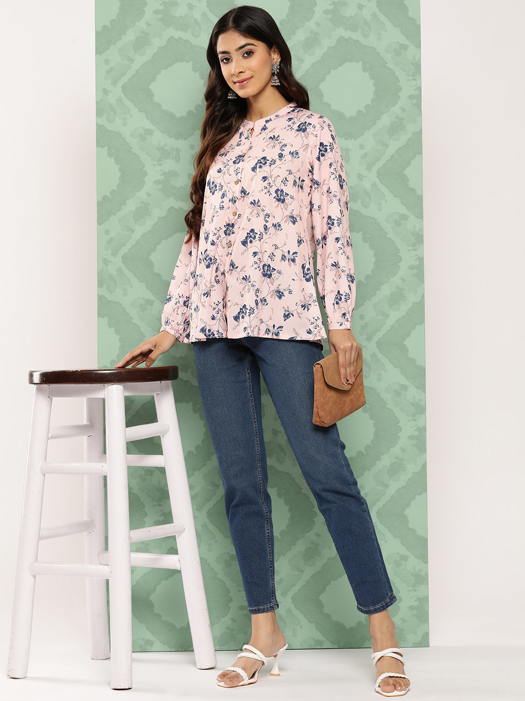 Janasya Women's Light Peach Crepe Digital Printed Casual A-Line Top | Swadesiicart