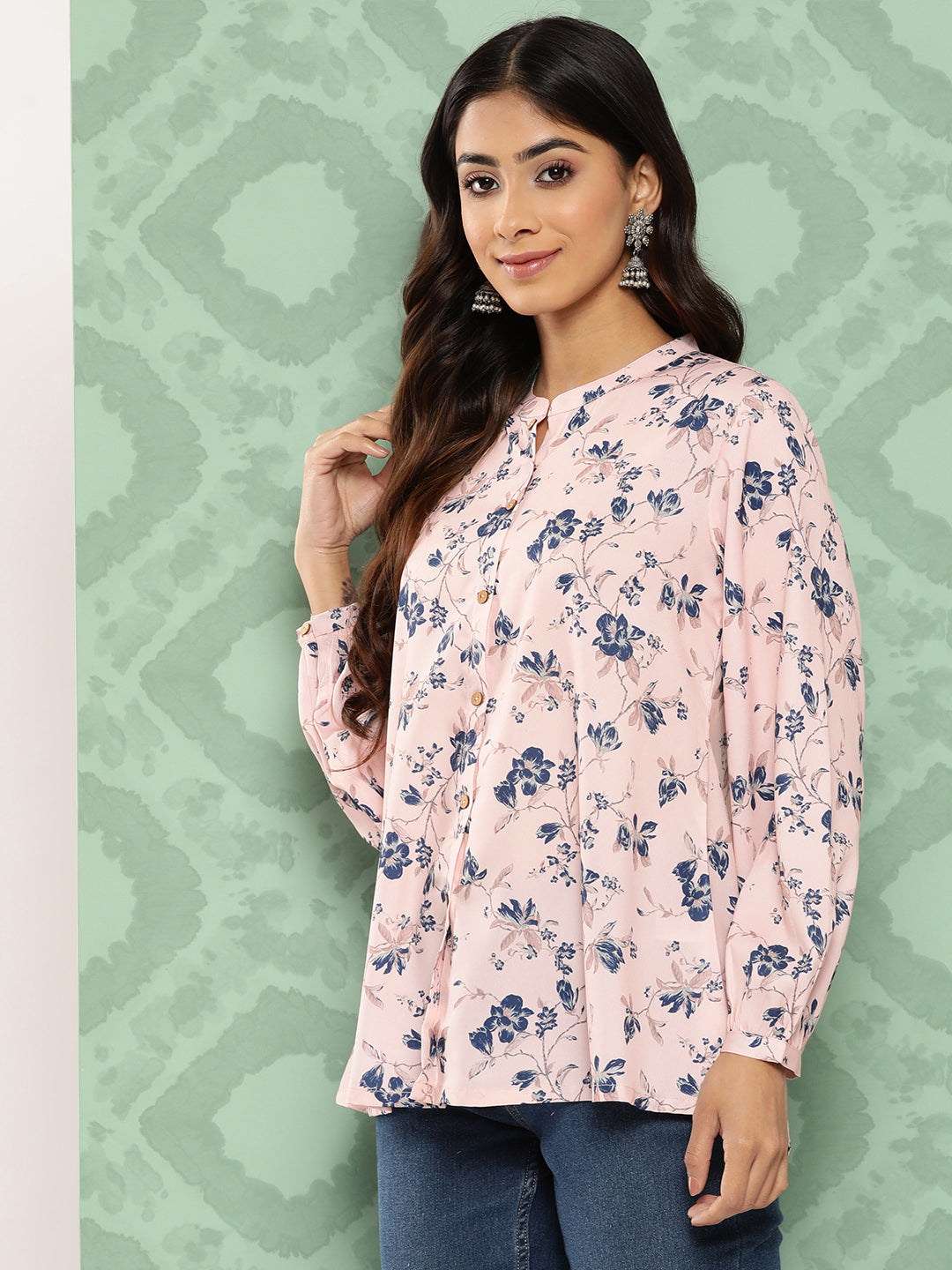 Janasya Women's Light Peach Crepe Digital Printed Casual A-Line Top | Swadesiicart