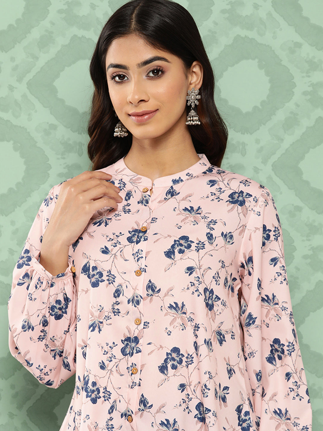 Janasya Women's Light Peach Crepe Digital Printed Casual A-Line Top | Swadesiicart
