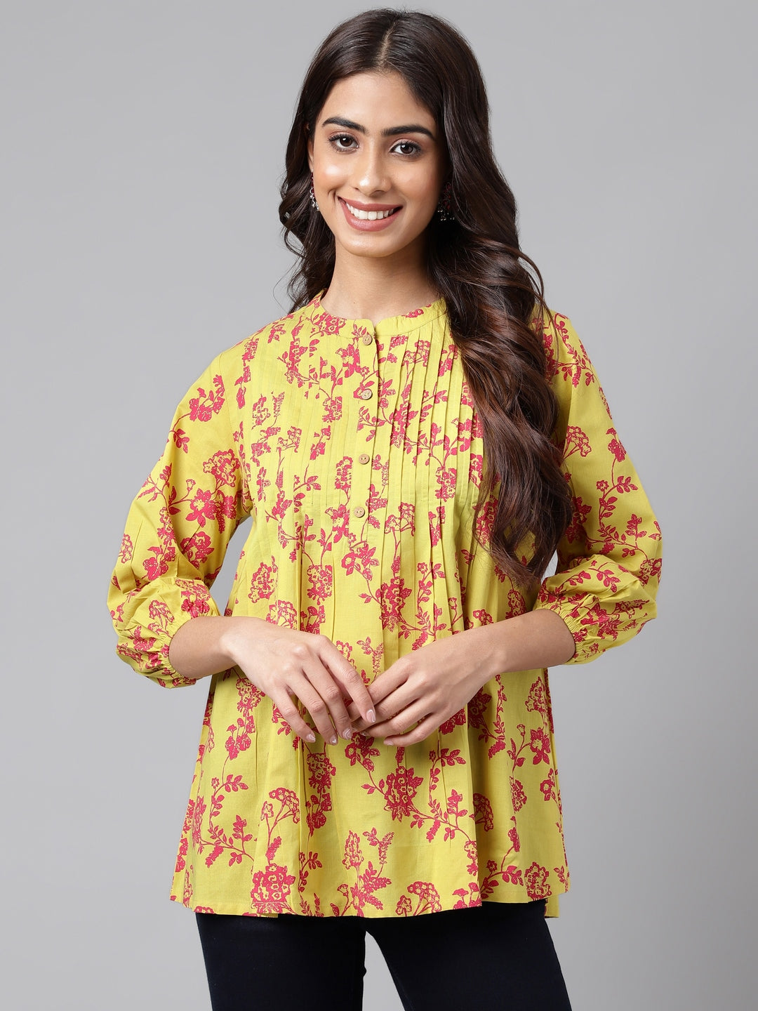 Janasya Women's Yellow Cotton Floral Printed Casual A-Line Top | Swadesiicart