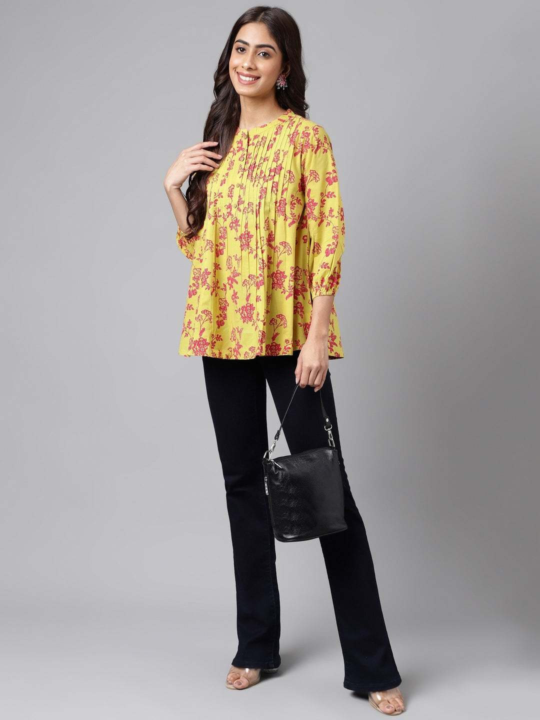 Janasya Women's Yellow Cotton Floral Printed Casual A-Line Top | Swadesiicart