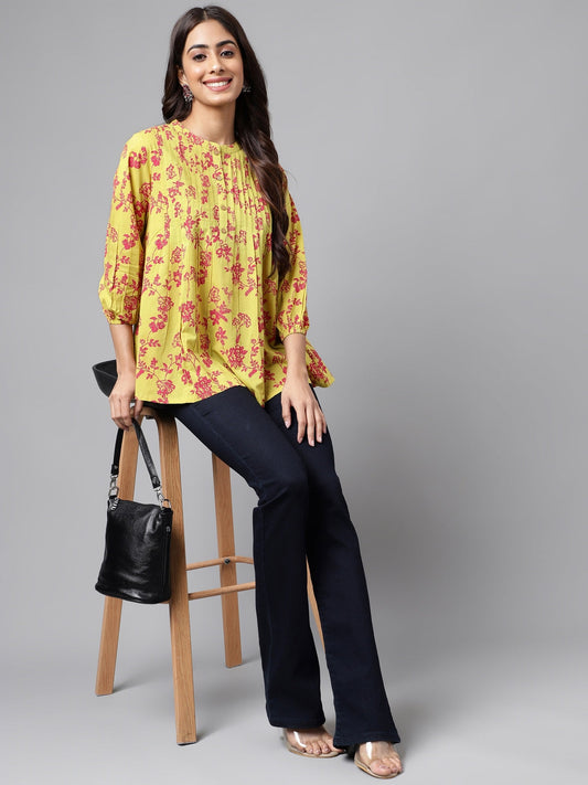 Janasya Women's Yellow Cotton Floral Printed Casual A-Line Top | Swadesiicart