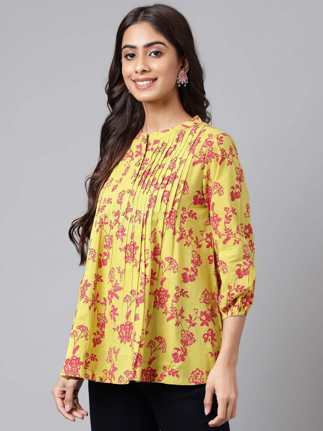 Janasya Women's Yellow Cotton Floral Printed Casual A-Line Top | Swadesiicart