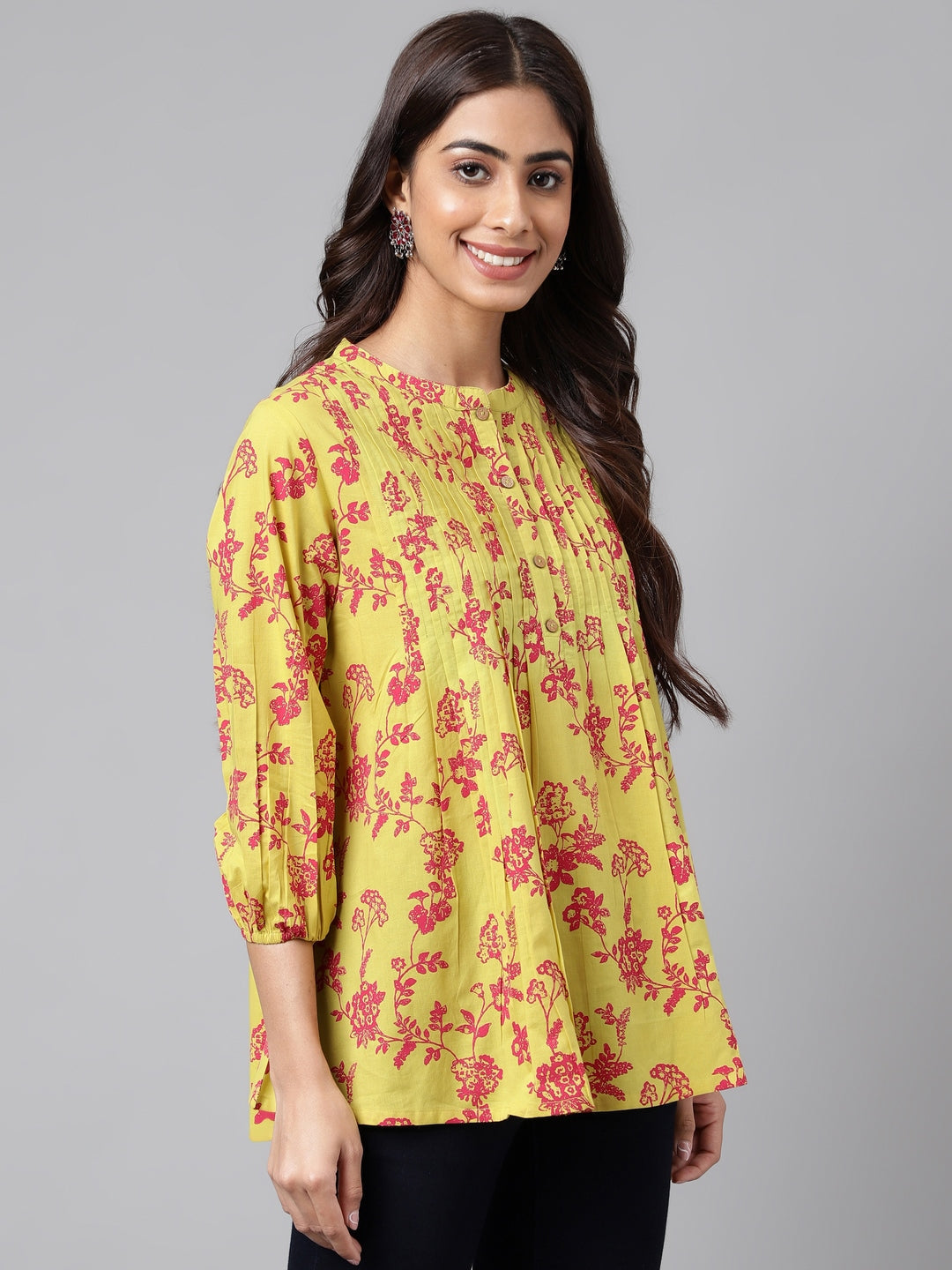 Janasya Women's Yellow Cotton Floral Printed Casual A-Line Top | Swadesiicart